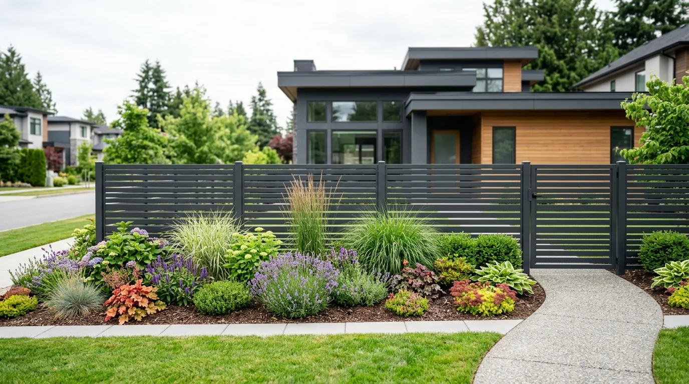 Modern metal garden fence with regulated height and landscaped plants in front.