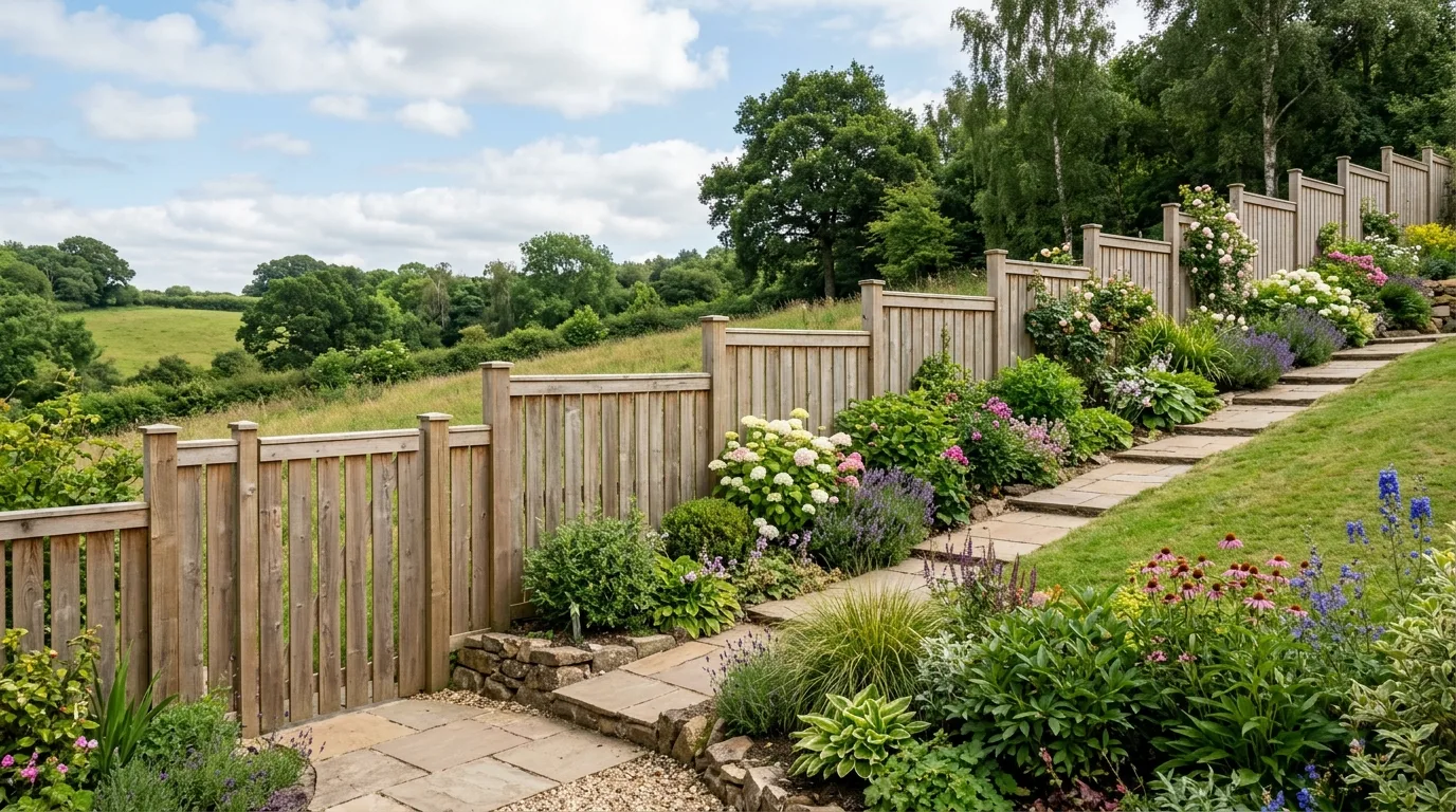 Stepped fence height design on sloped terrain with gradually rising wooden panels.