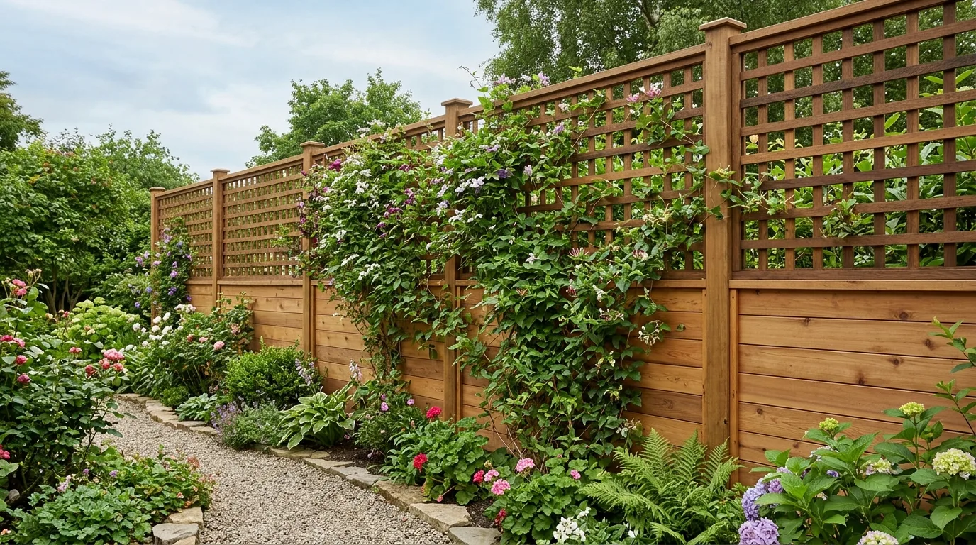 Fence with lattice top extension and climbing plants for added height and privacy.