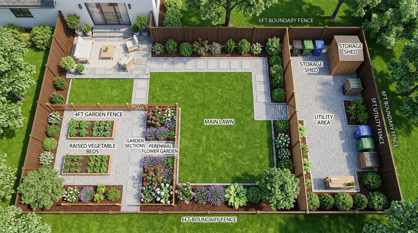 Backyard zoning layout showing different fence heights for garden and utility sections.
