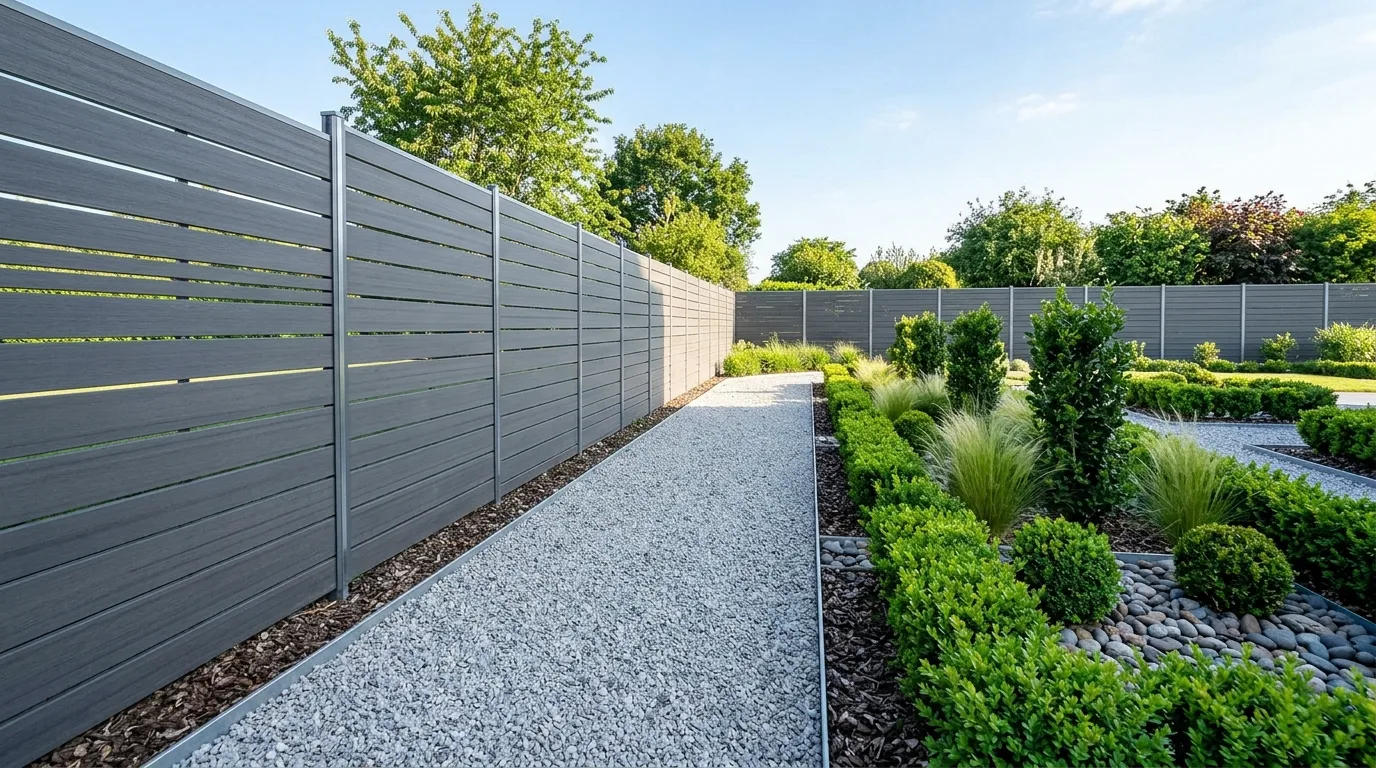 Minimalist garden fence with uniform height, gravel path, and structured shrubs.