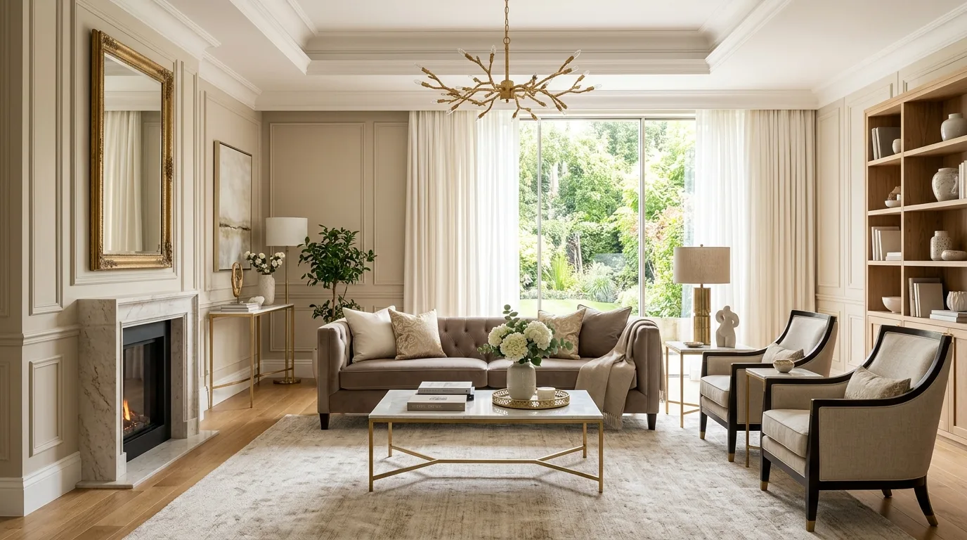 Luxury living room with a refined neutral palette of beige, ivory, and taupe.