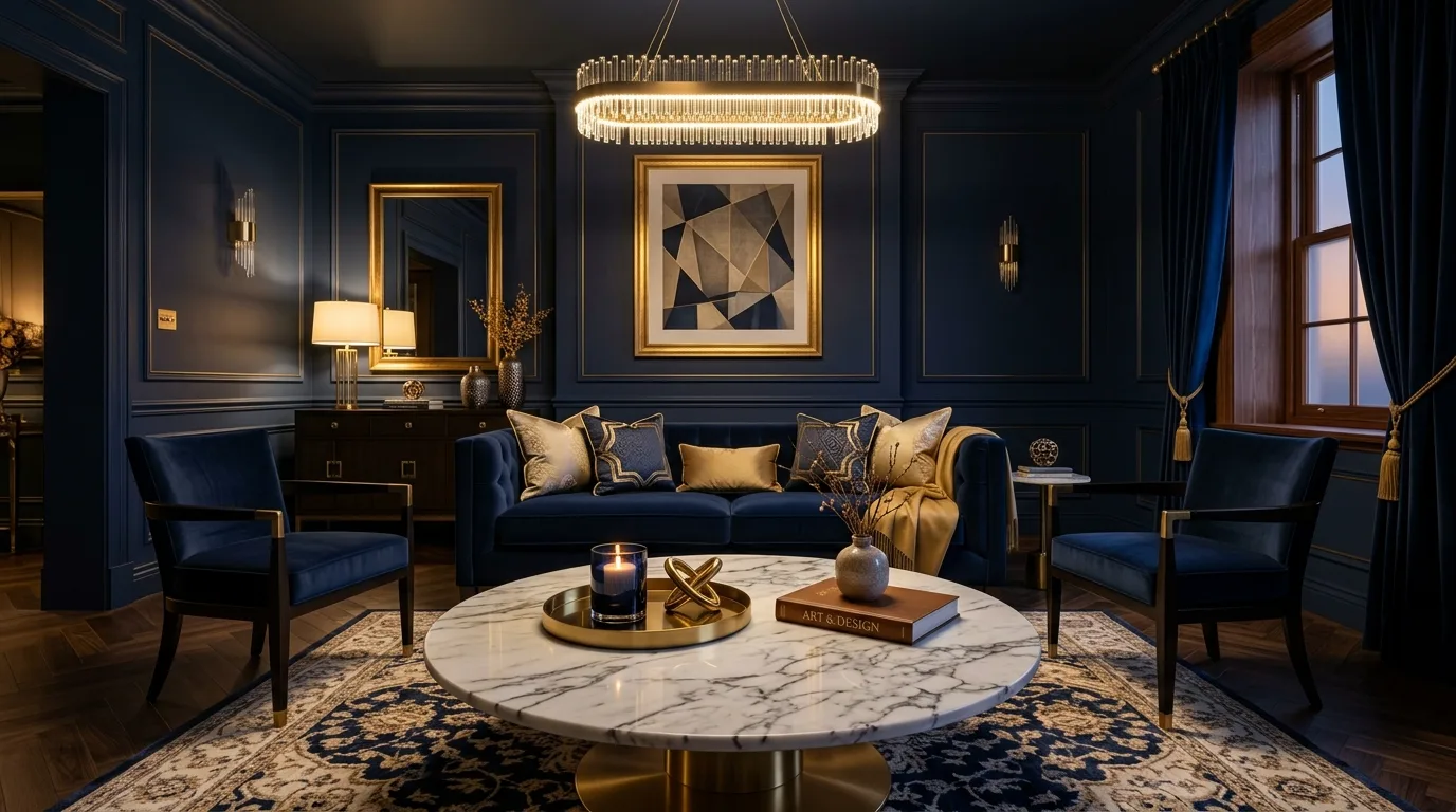 Living room with deep navy and gold color palette.