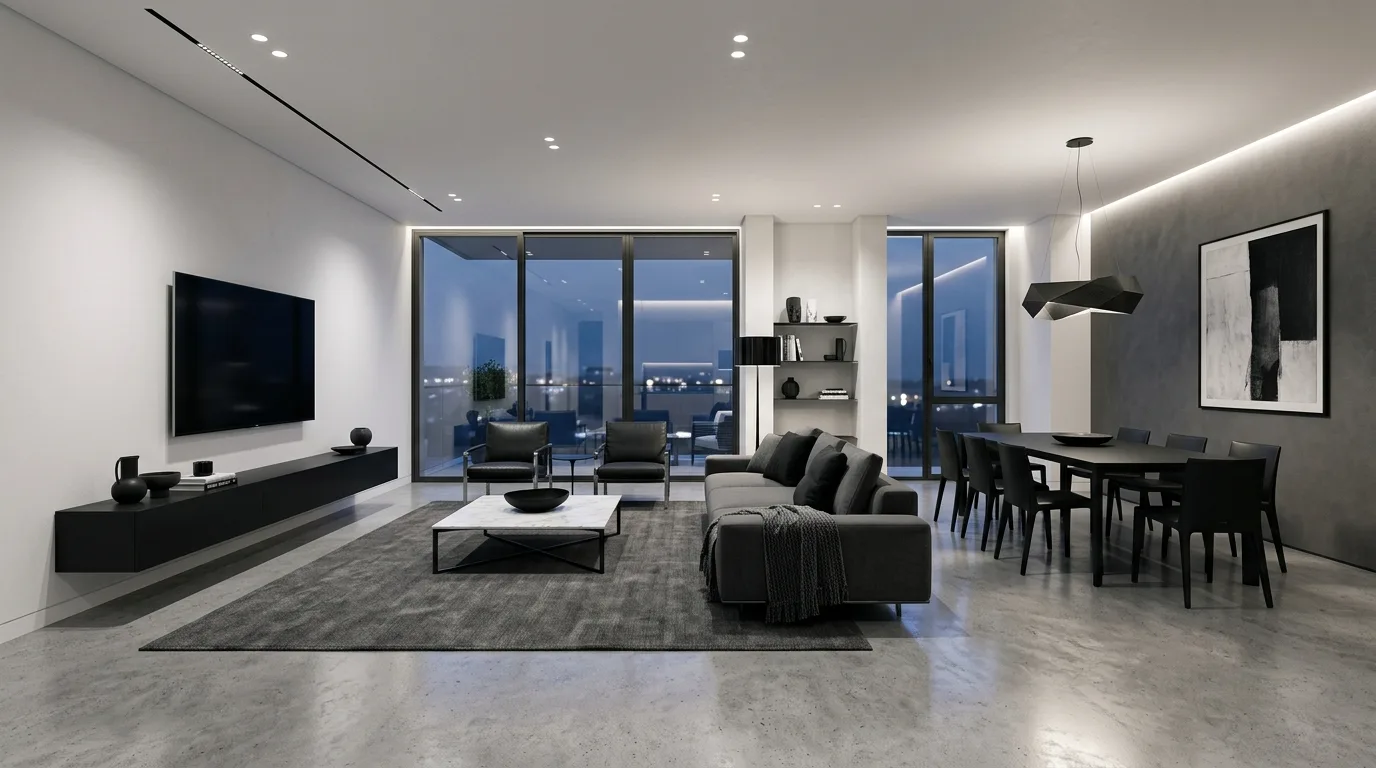Modern luxury living room with black, white, and gray palette.