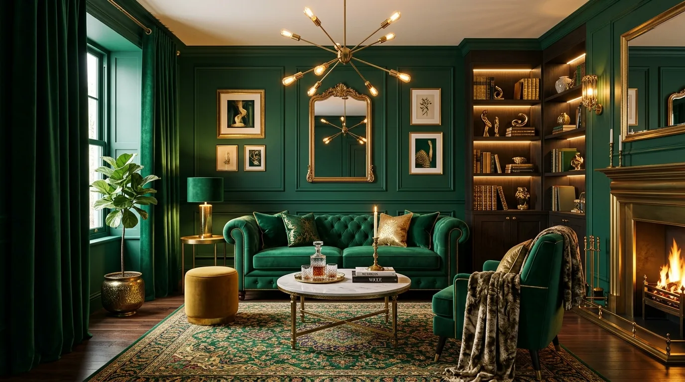 Luxury living room with emerald green and brass color scheme.