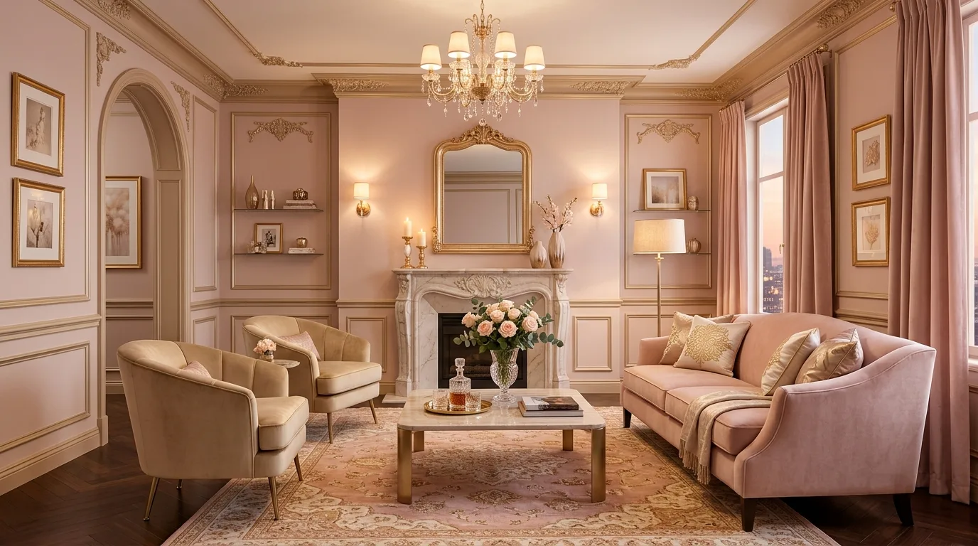 High-end living room with blush pink and champagne gold palette.