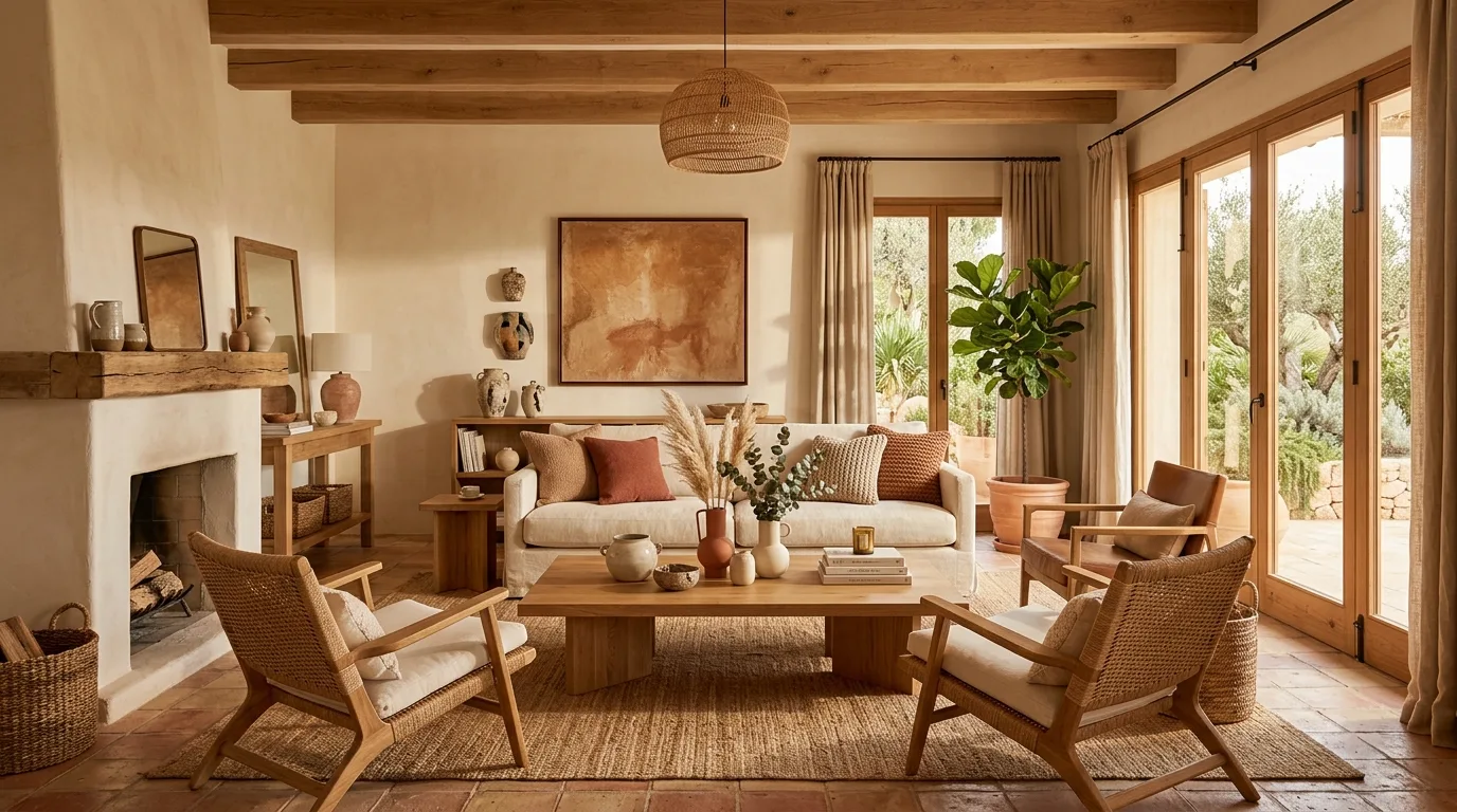 Luxury living room with earthy terracotta and cream tones.