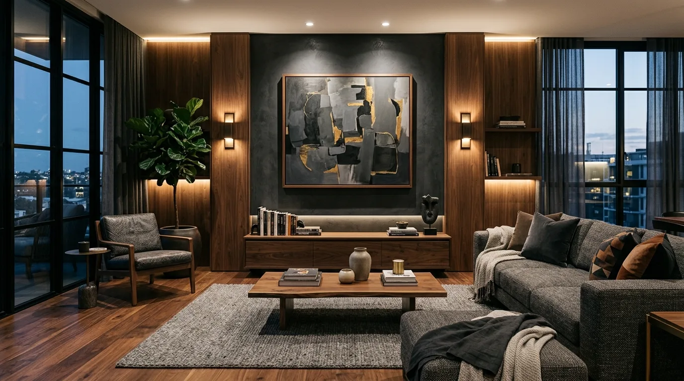 Designer living room with deep charcoal and warm walnut palette.