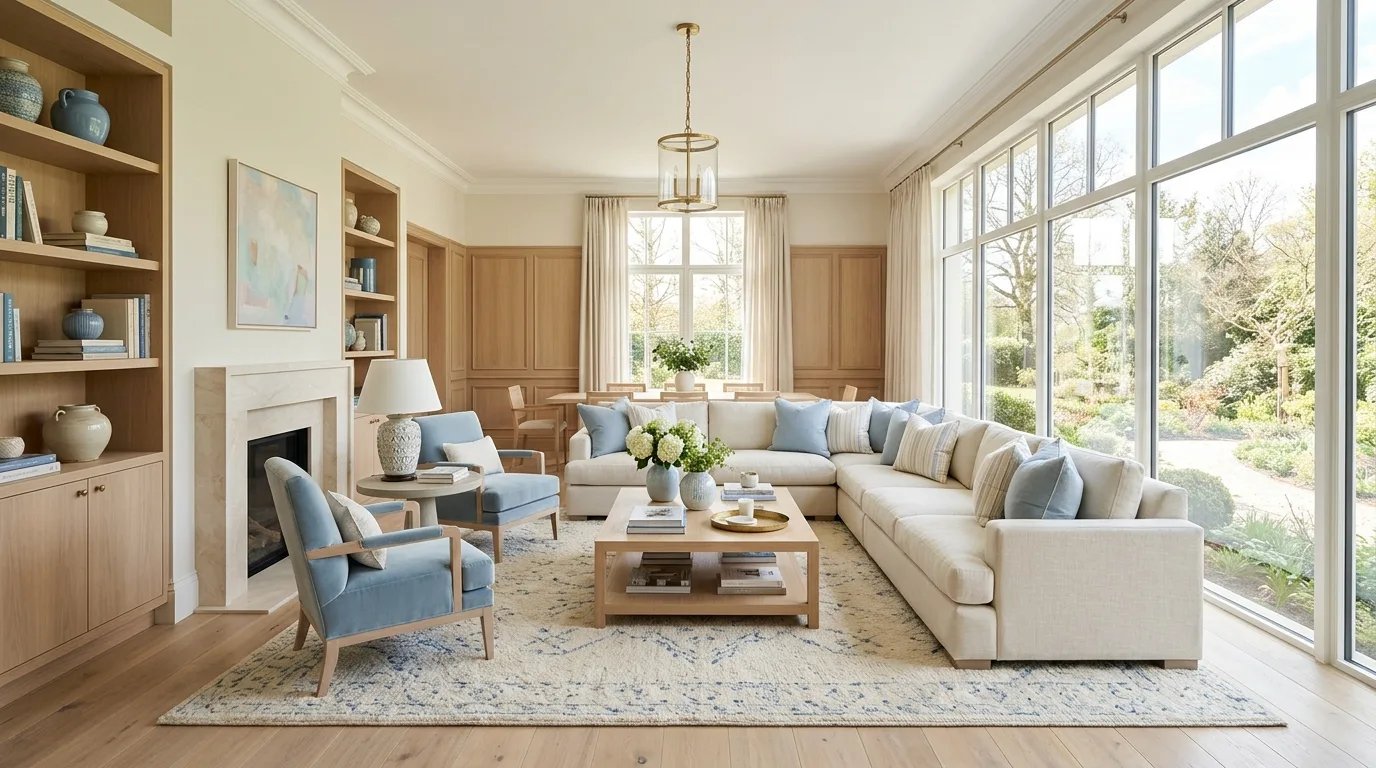 Pastel luxury living room with soft blues, creams, and light wood finishes.