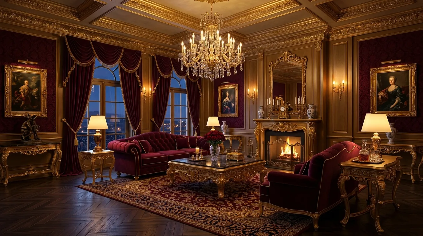 Luxury living room with rich burgundy and gold palette.