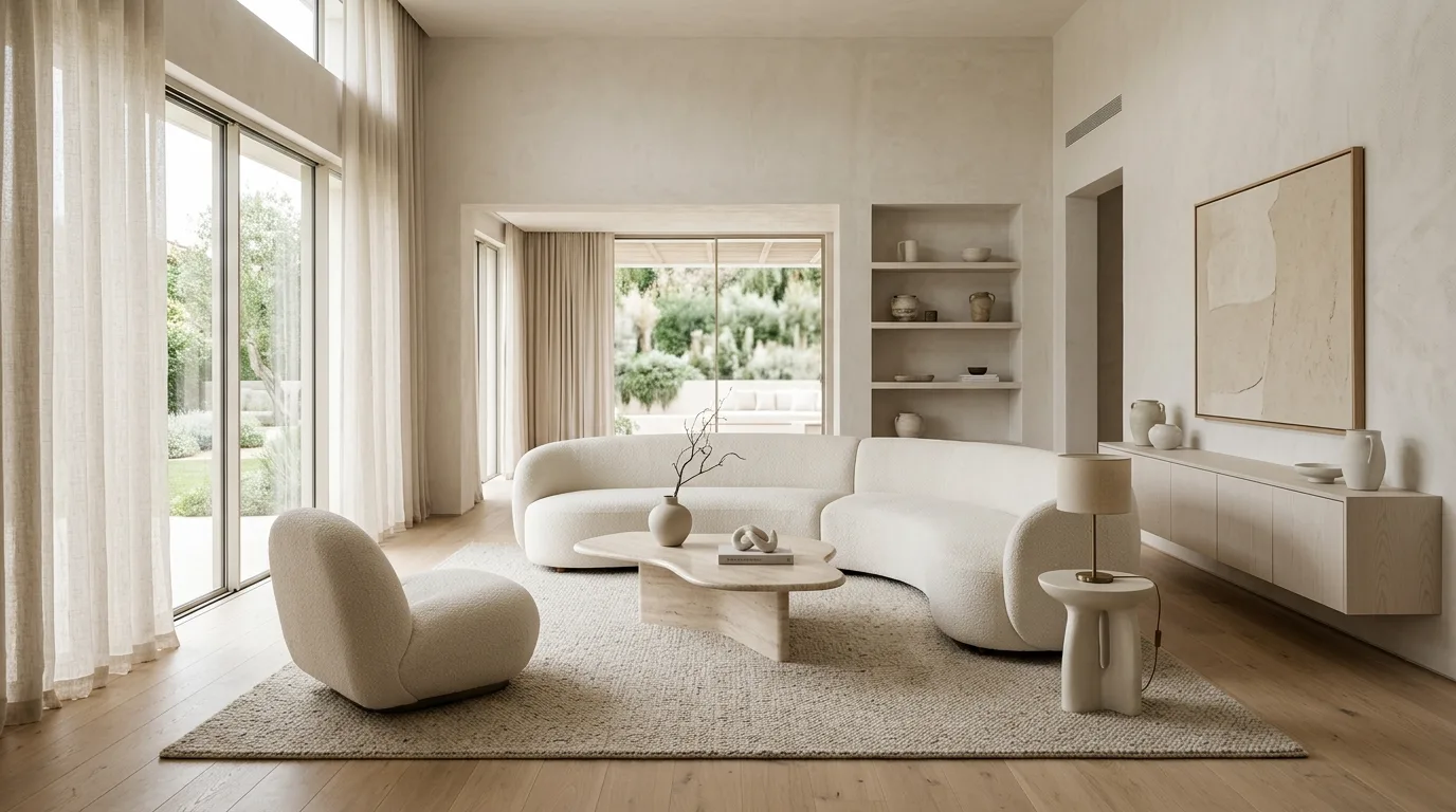 Minimalist luxury living room with off-white and sand tones.