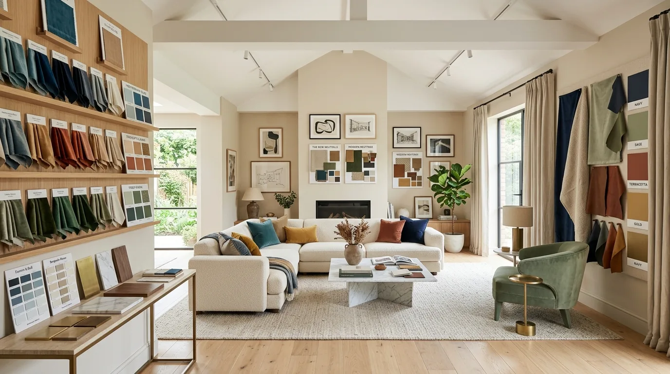 Designer living room scene showing multiple luxury palette combinations.