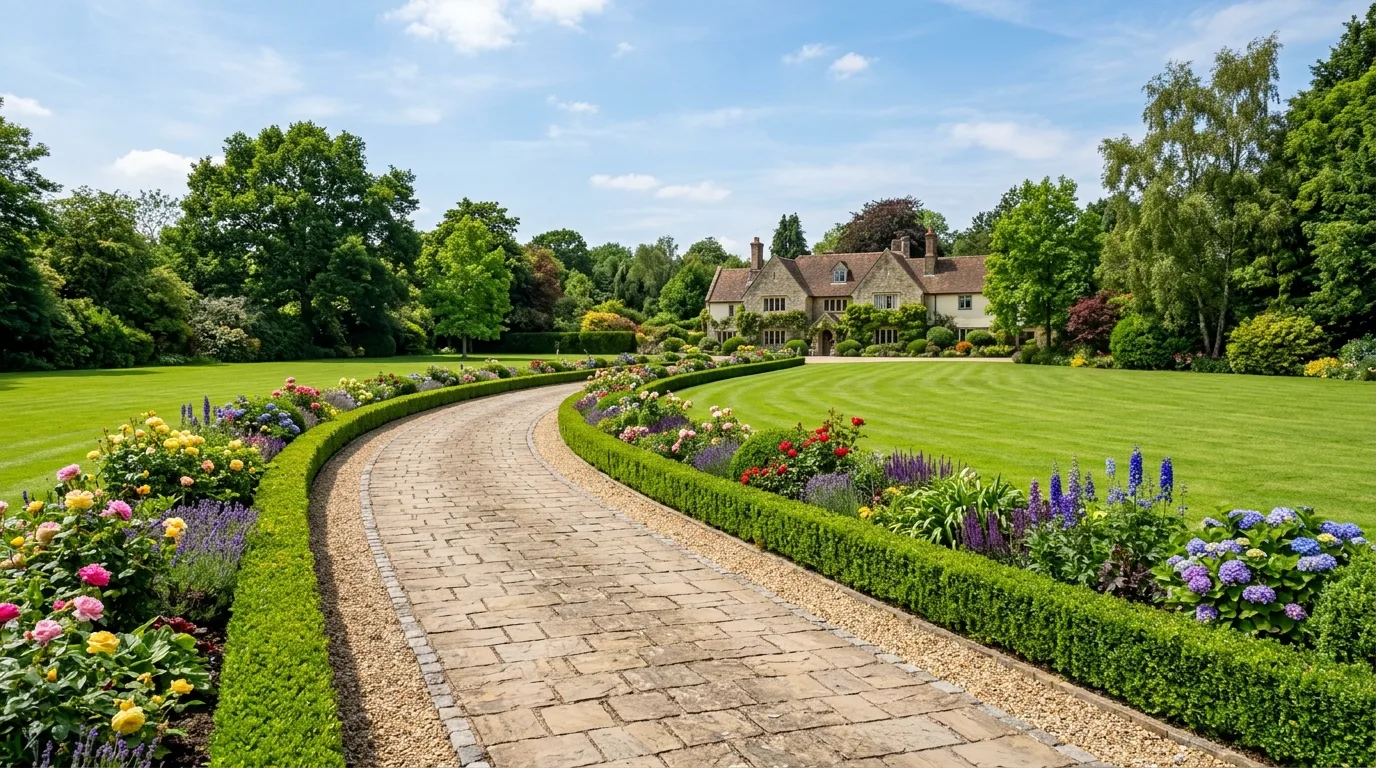 Curved driveway lined with hedges and flower beds in daylight.