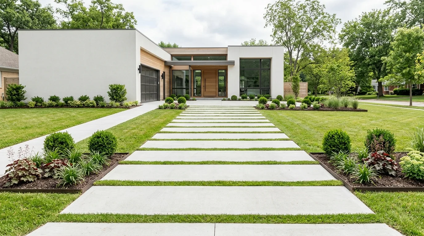 Modern driveway with concrete slabs and grass strips.