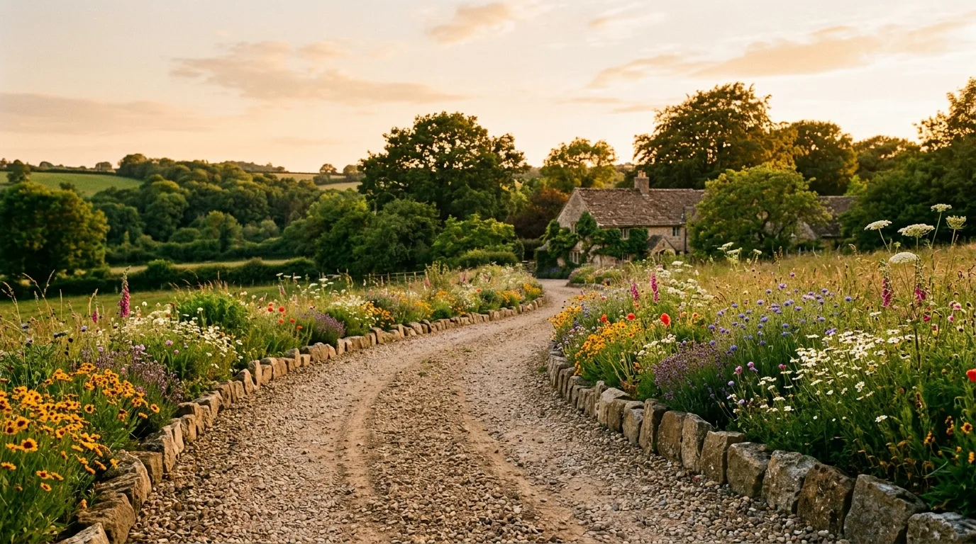Rustic gravel driveway with natural stone edging and wildflowers.