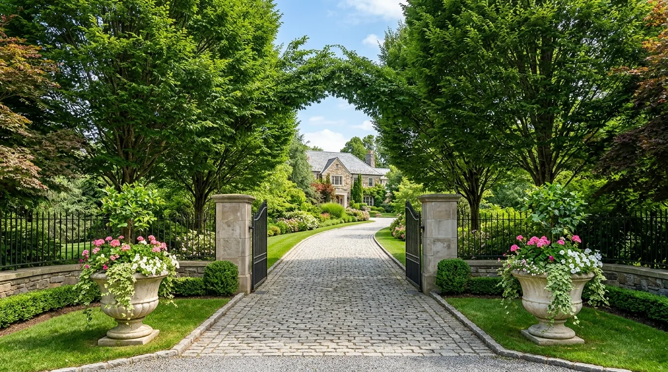 Driveway entrance with tall ornamental trees and planters.