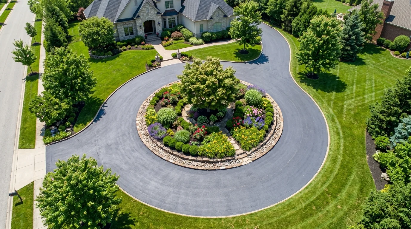 Circular driveway with a landscaped center island.