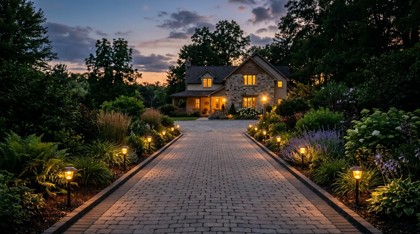 Driveway lined with solar path lights and plants at dusk.