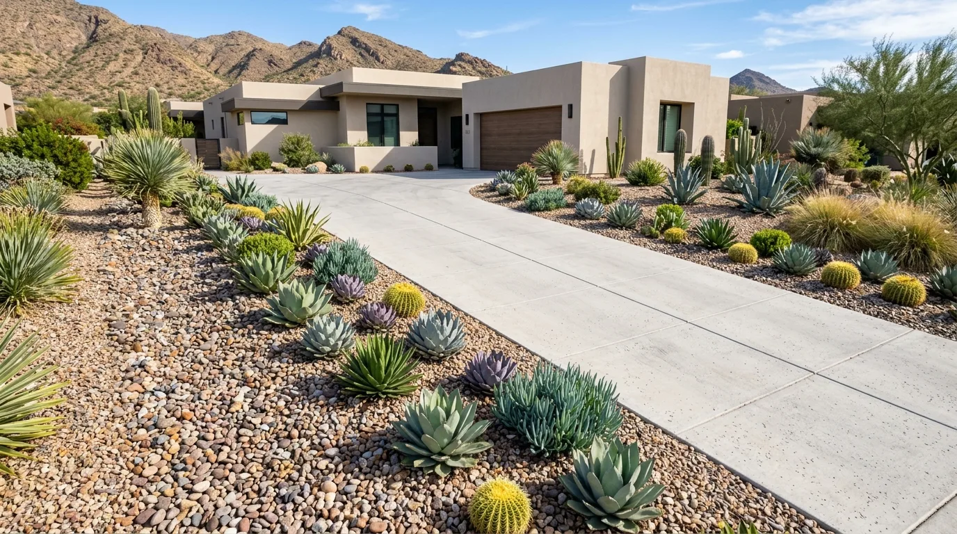 Driveway with succulents and decorative gravel border.