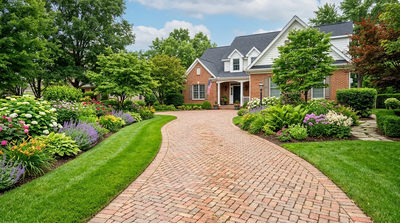 Brick driveway with grass edges and flower beds.