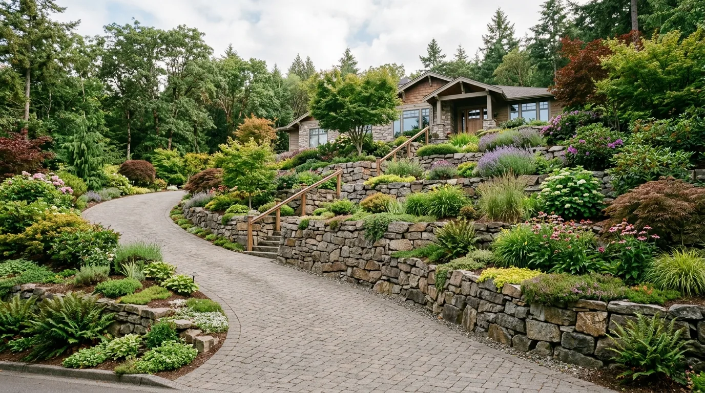 Sloped driveway with terraced landscaping and retaining walls.