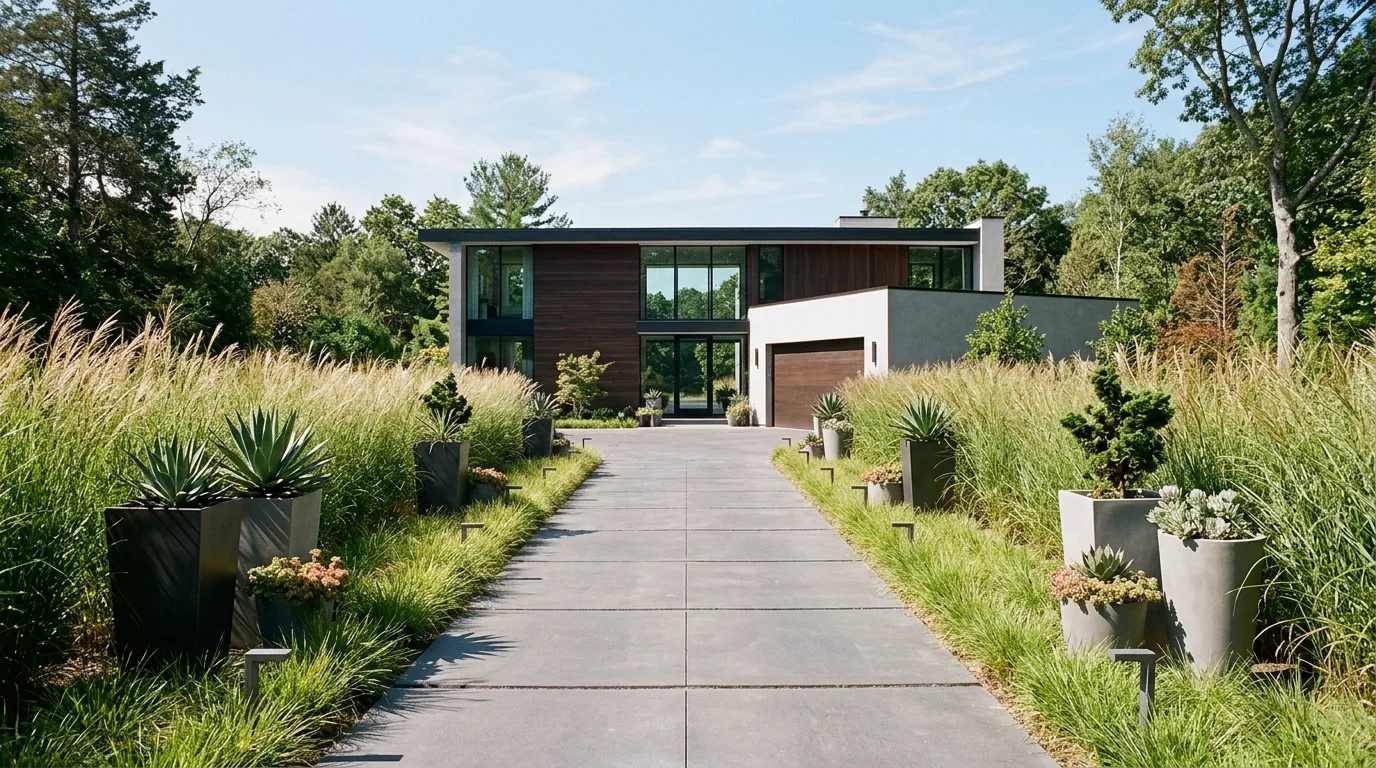 Driveway lined with tall grasses and modern planters.