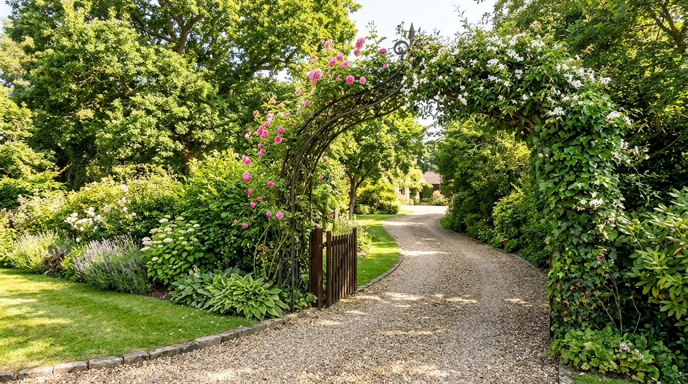 Driveway entrance with decorative arch covered in climbing plants.