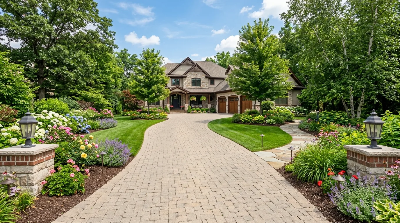 Wide landscaped driveway with flowers, shrubs, and lighting.