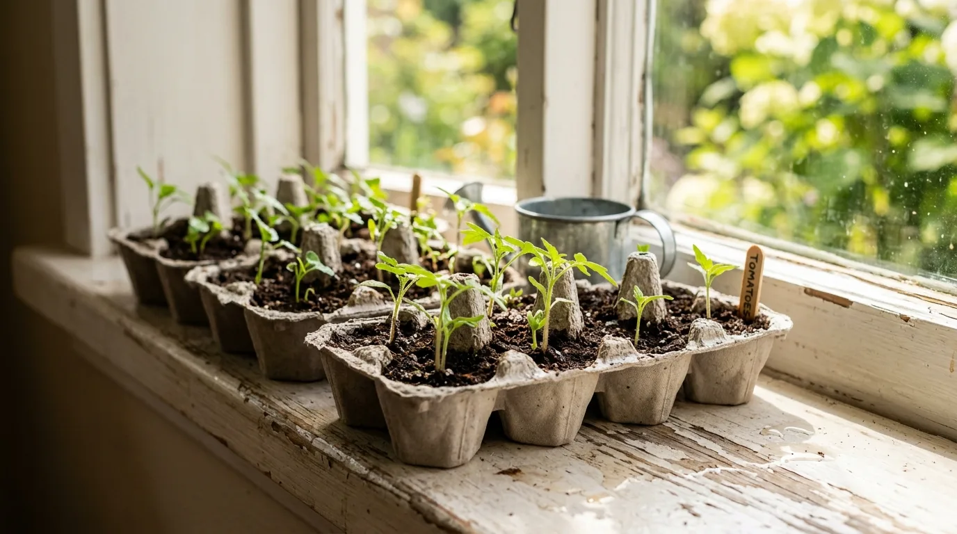Recycled egg cartons used as biodegradable seed starters with sprouting seedlings.