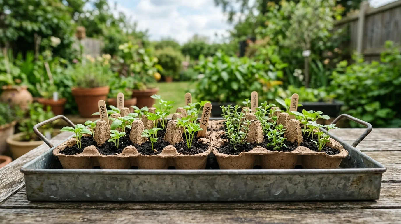Egg cartons repurposed into mini herb planters arranged in a tray.