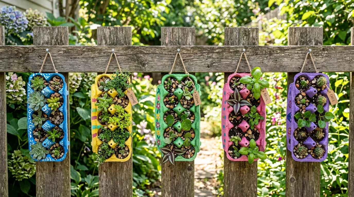 Painted egg cartons used as hanging garden organizers on a wooden fence.
