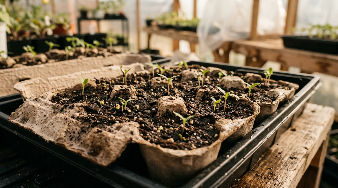 Egg carton sections used as soil pods for seed germination in a greenhouse tray.