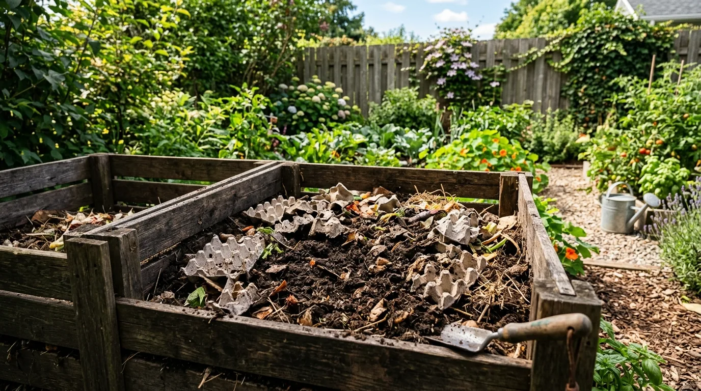 Garden compost setup with shredded egg cartons mixed into soil.