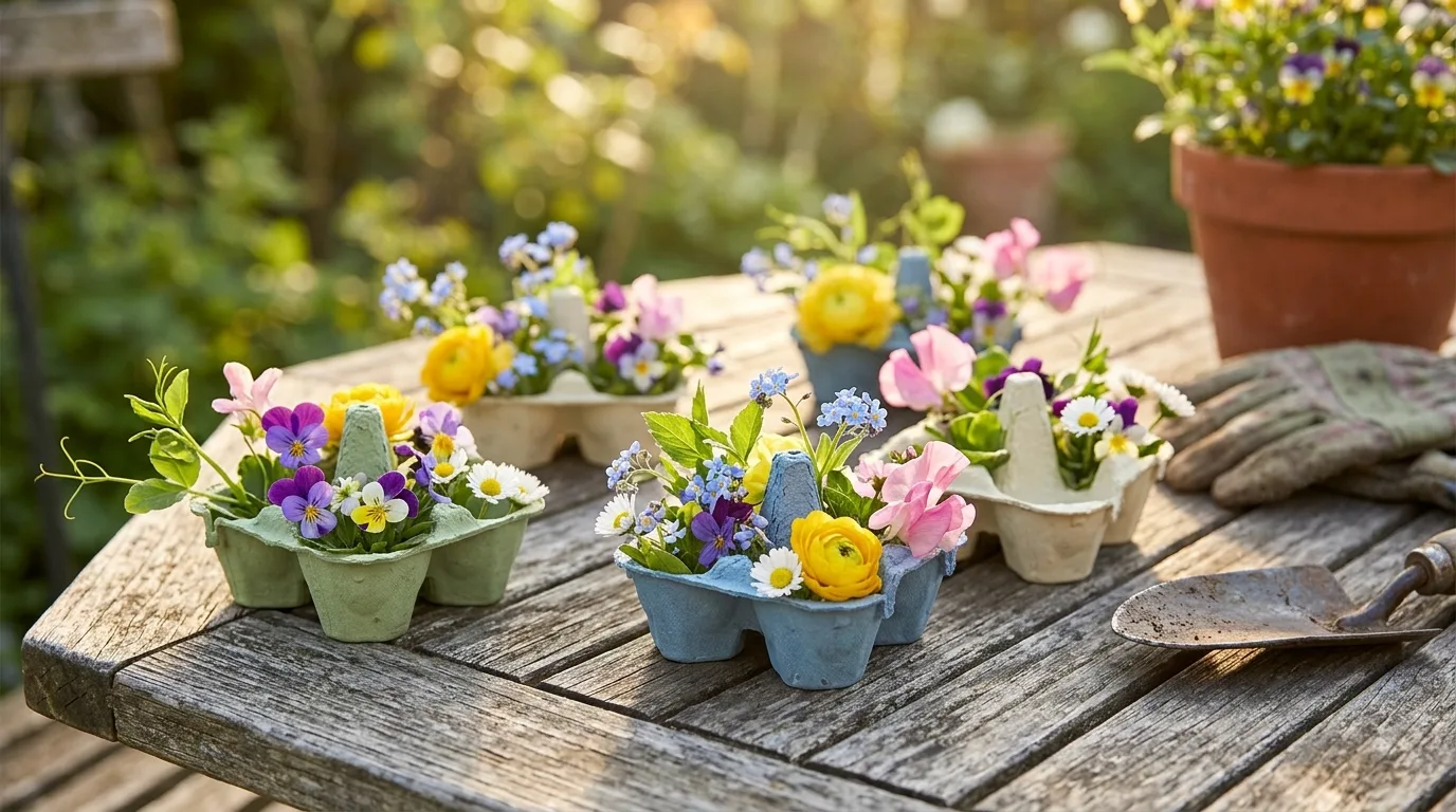 Egg cartons transformed into small decorative flower holders on a rustic garden table.
