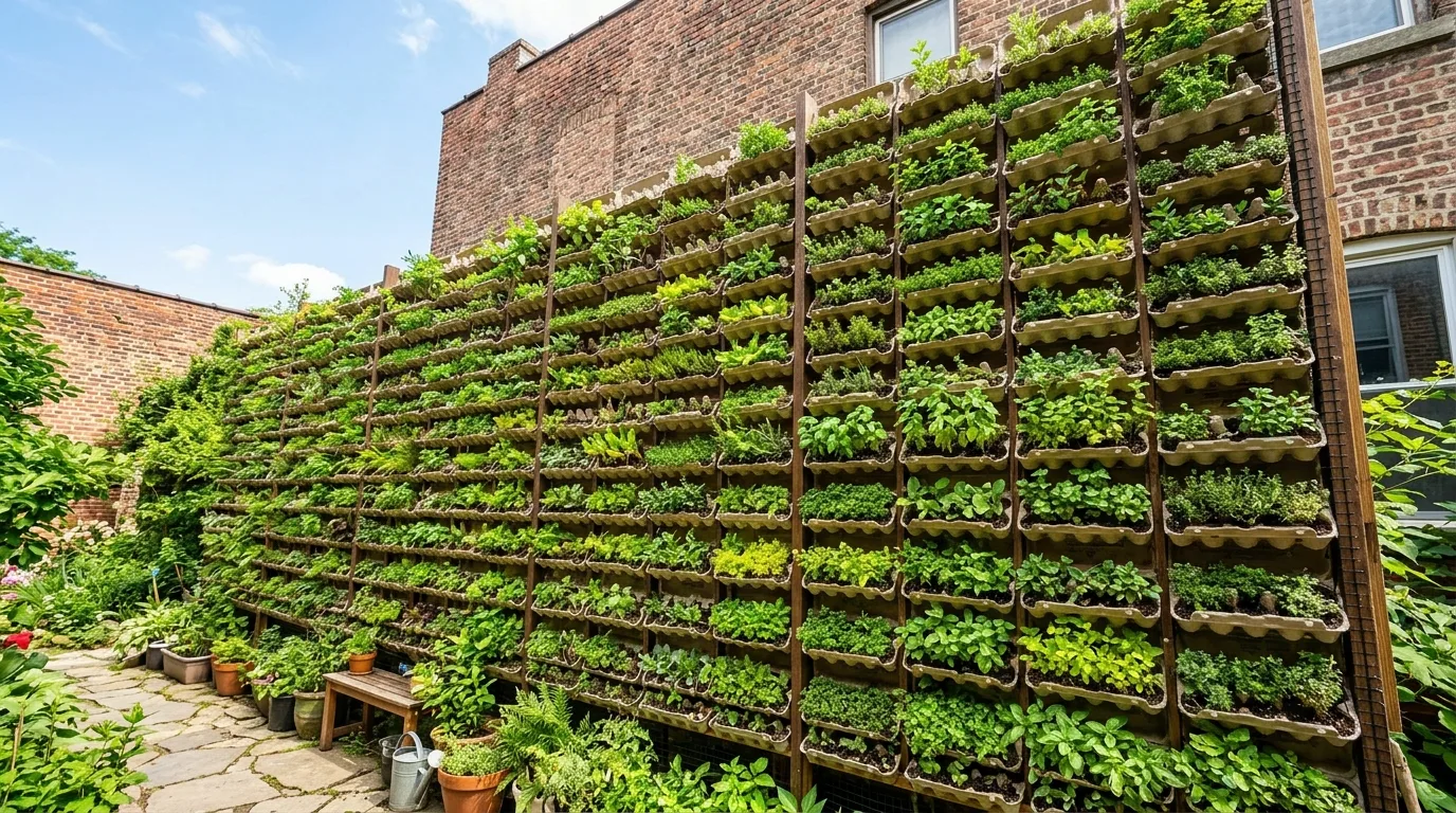 Vertical garden wall using stacked egg cartons as modular planters.