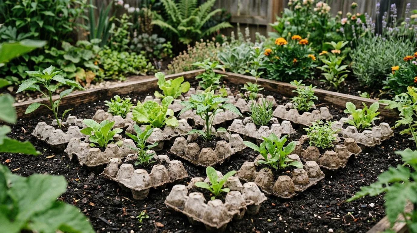 Egg cartons used as mulch starters around young plants in a flower bed.