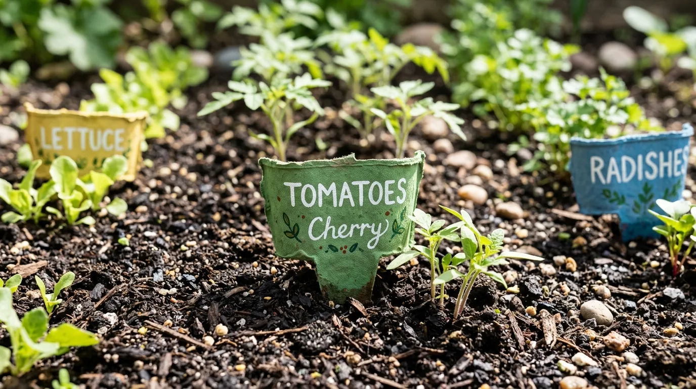 DIY egg carton craft painted and used to label garden seedlings.