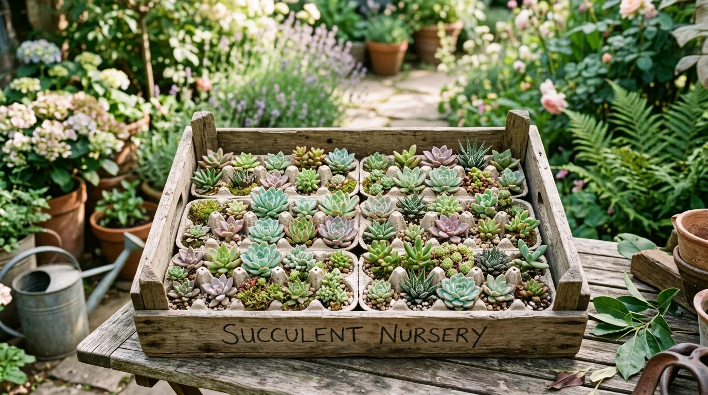 Egg cartons filled with succulents arranged in a recycled wooden crate.