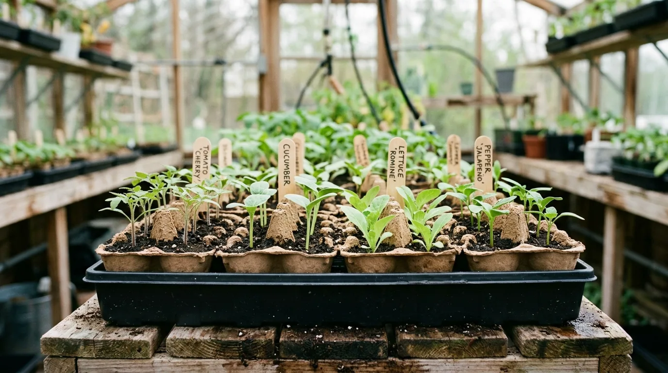 Egg cartons used as biodegradable pots in seedling trays with sprouting vegetables.
