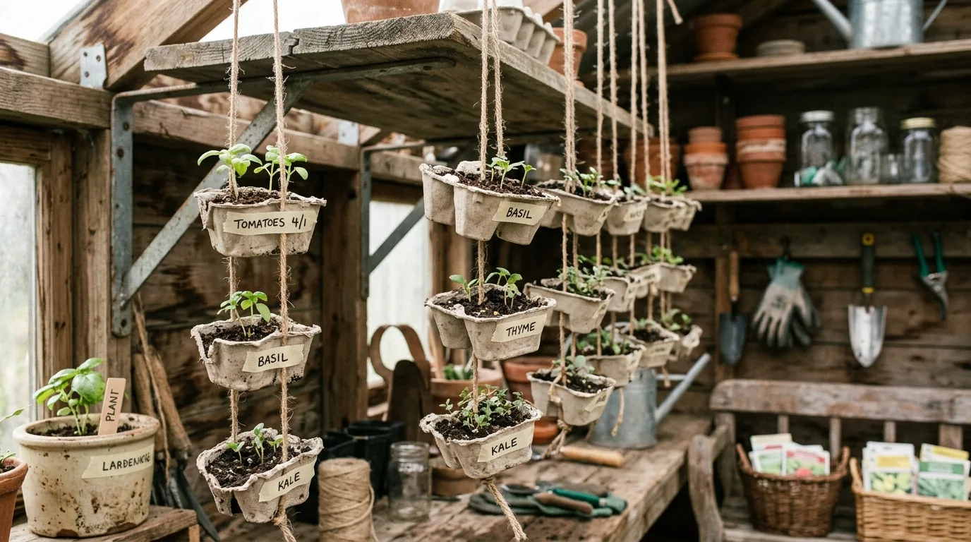 Egg cartons repurposed into hanging seed starter pods attached with twine.