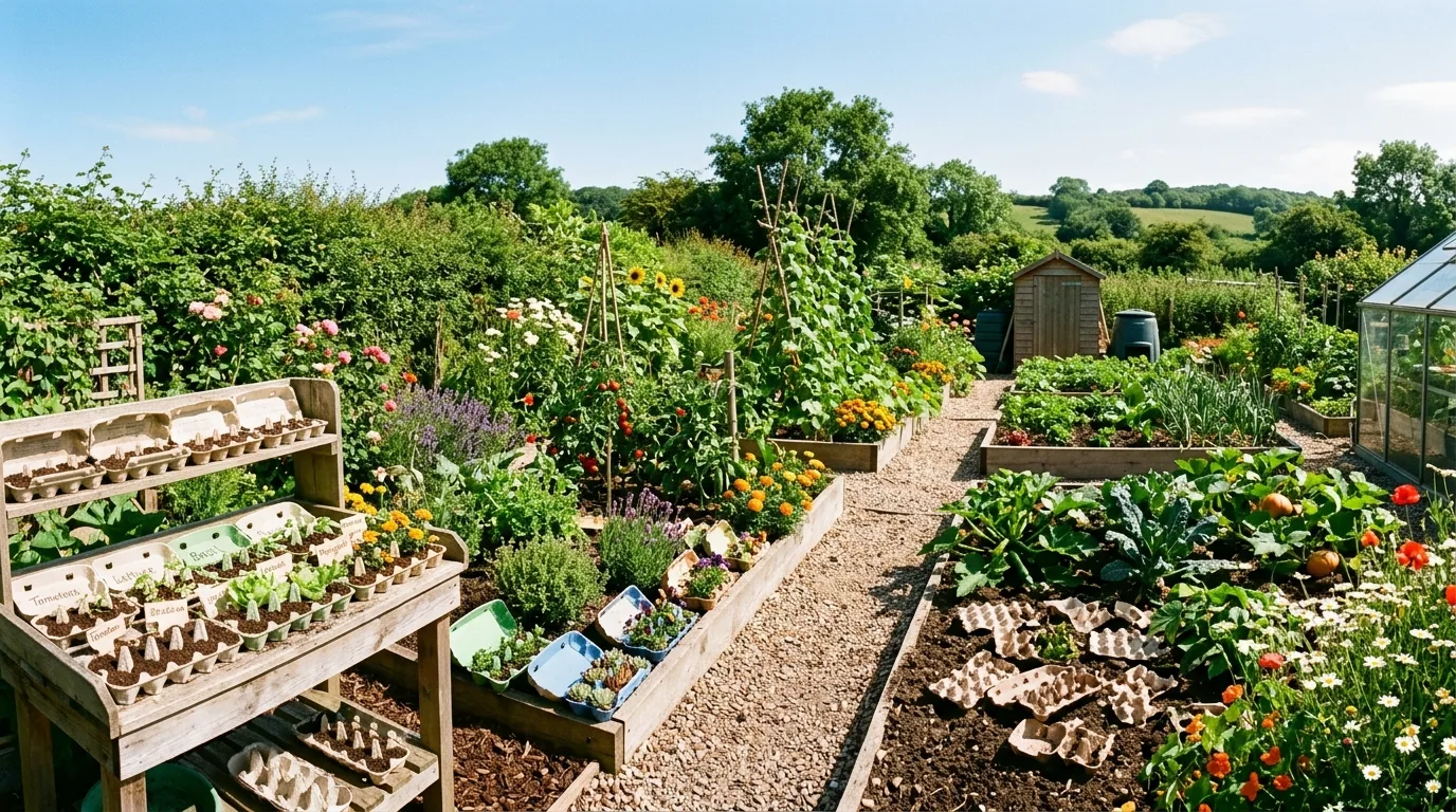 Garden scene showing multiple creative uses of recycled egg cartons including seed trays and planters.