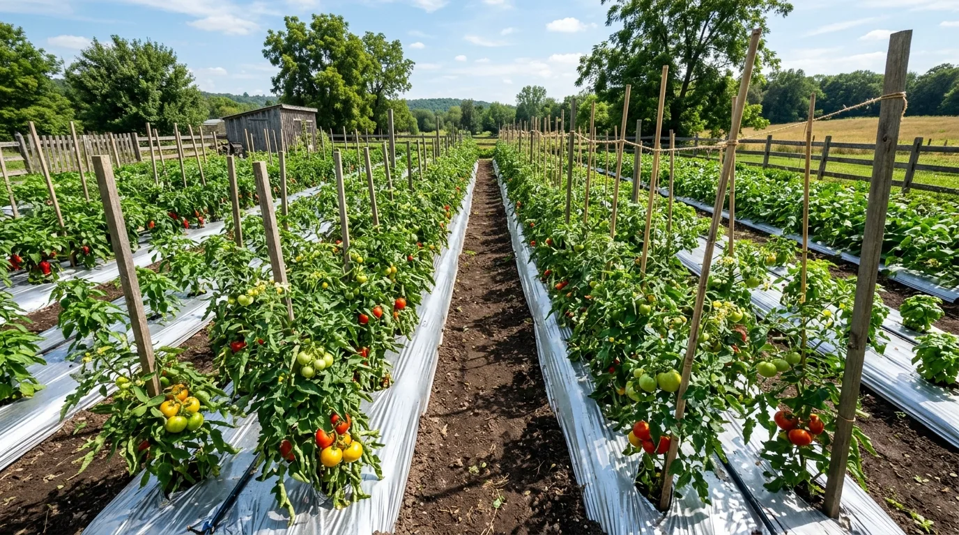 Vegetable garden with reflective mulch sheets laid between rows under bright sun.