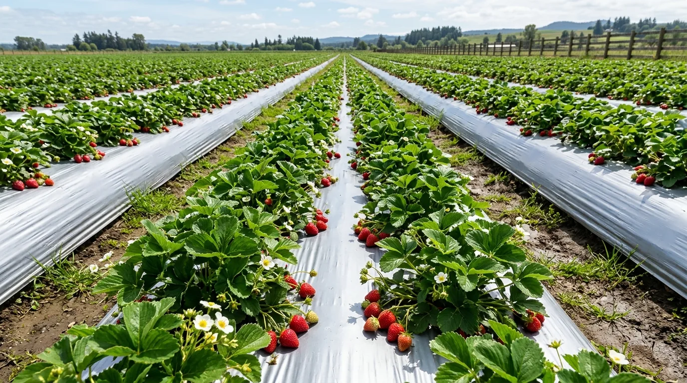 Strawberry patch using reflective mulch sheets to enhance growth and reduce weeds.