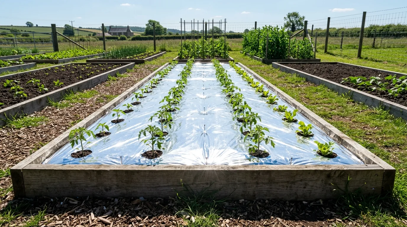 Raised garden bed with reflective mulch sheets covering the soil.