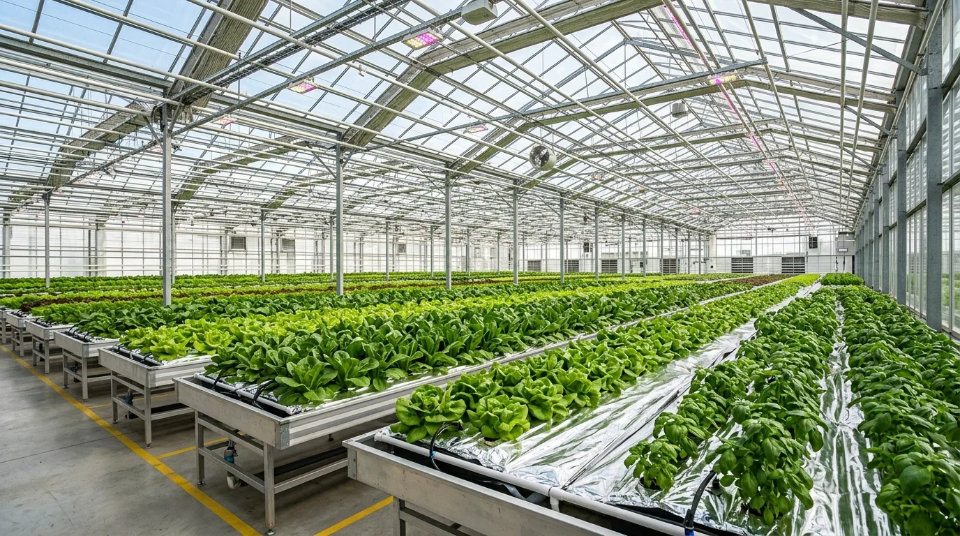 Greenhouse interior using reflective mulch sheets to improve light distribution.
