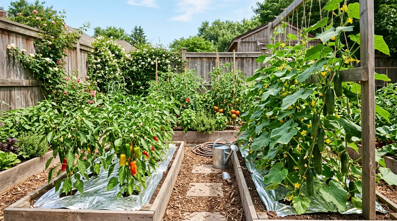 Backyard garden using reflective mulch sheets under peppers and cucumbers.