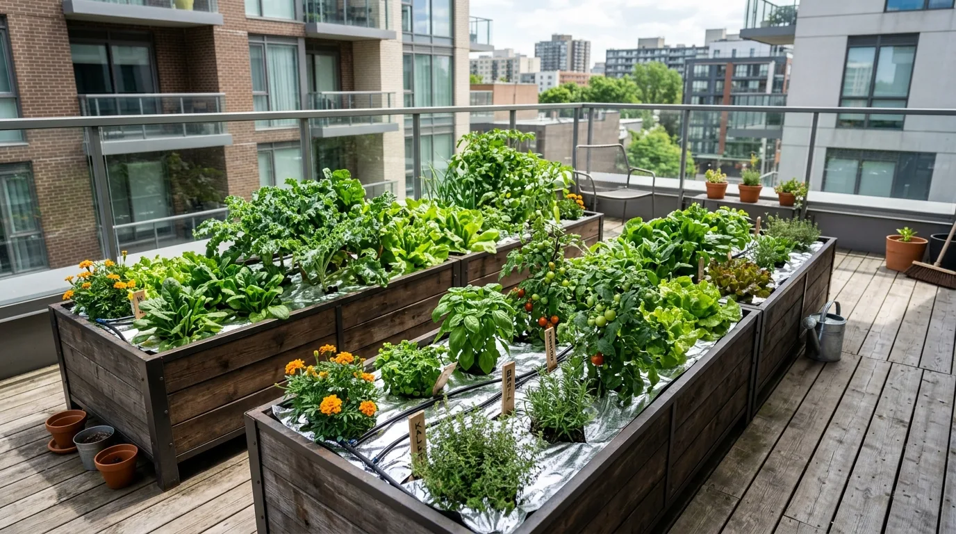 Urban container garden using reflective mulch sheets on a patio.