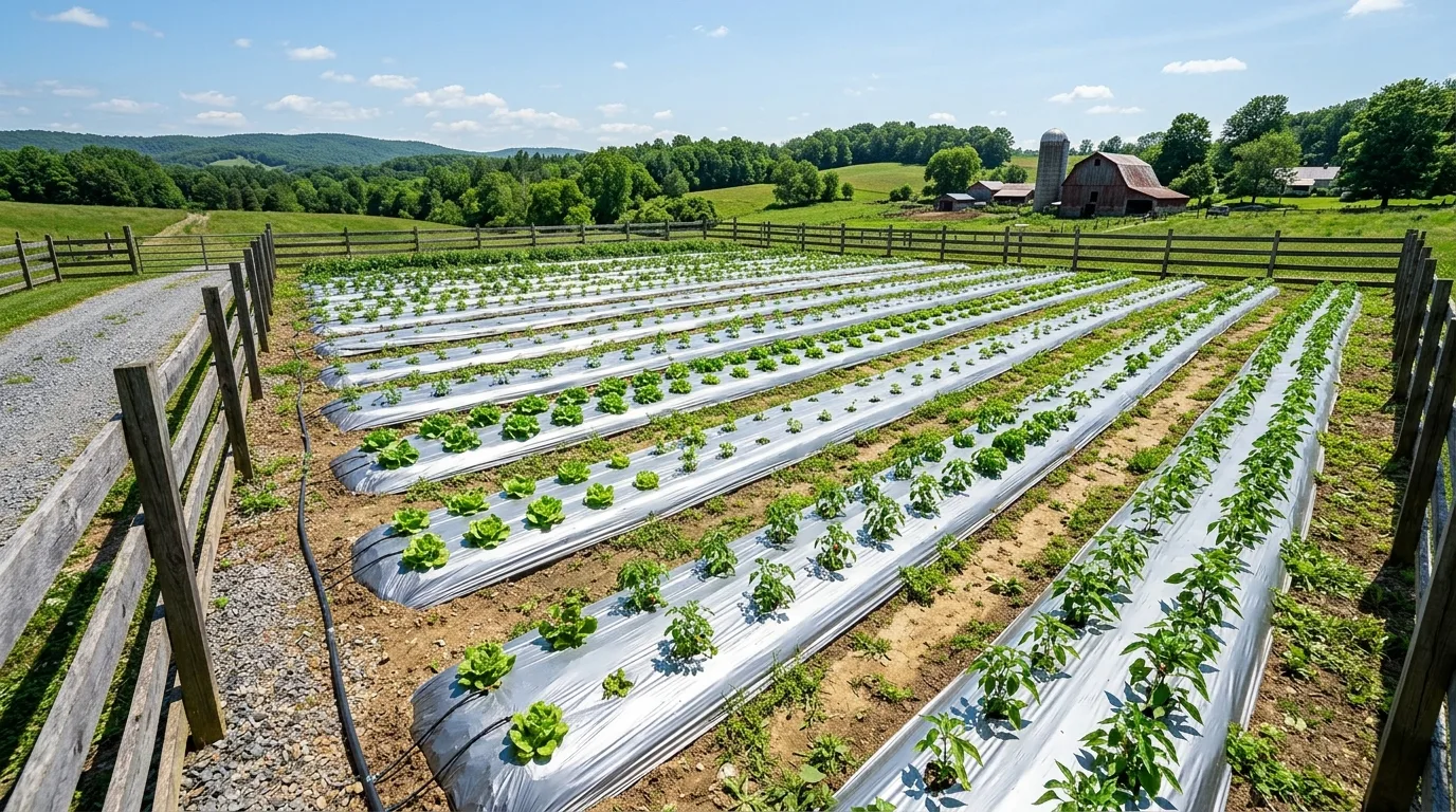 Long crop rows using reflective mulch sheets in a farm-style garden.