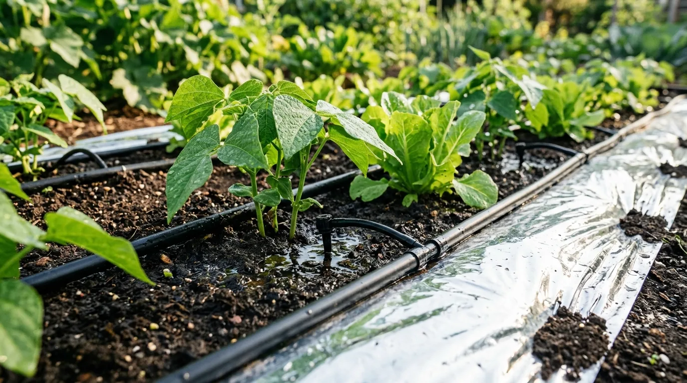 Irrigation setup combined with reflective mulch sheets reducing evaporation.