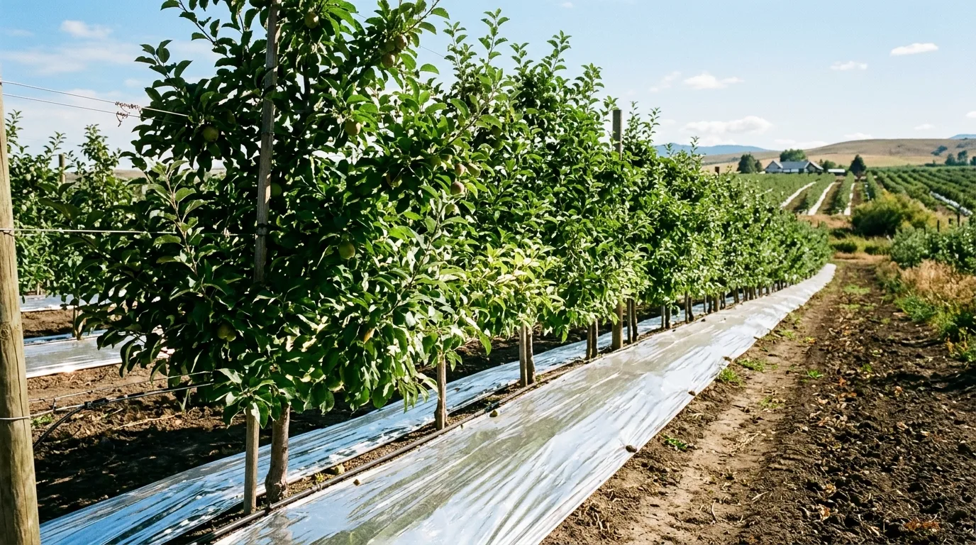Reflective mulch sheets installed around fruit trees in an orchard.
